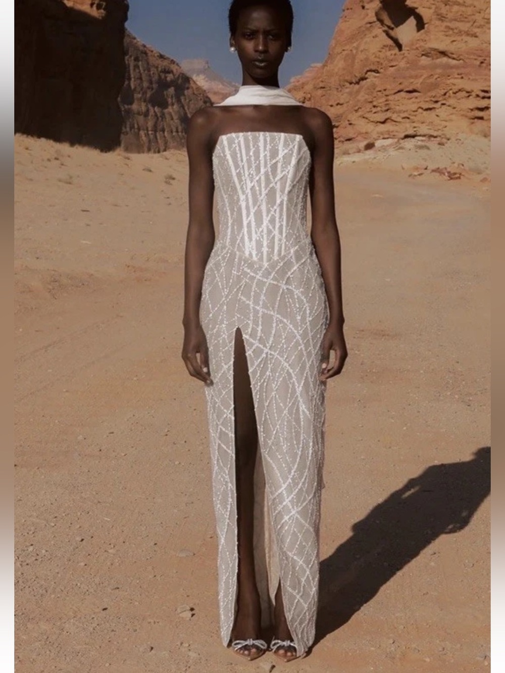 Eliya The Label Strapless Ivory Beaded Column Dress with Front Slit